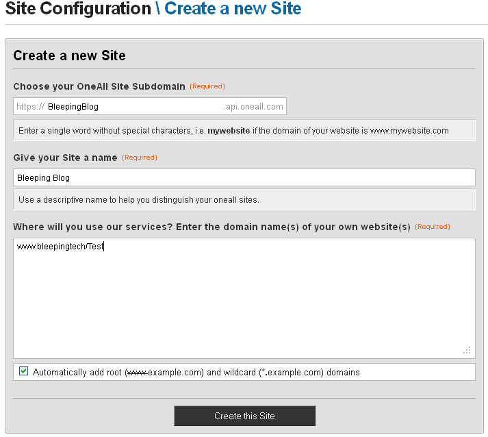 Creating a new one all site site name